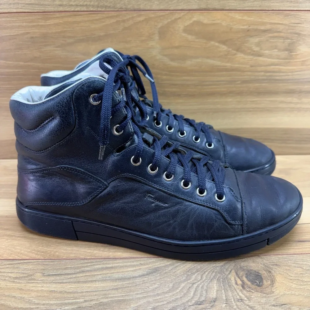 Salvatore Ferragamo High Top Sneakers Mens 8.5 D Black Leather Casual Everyday